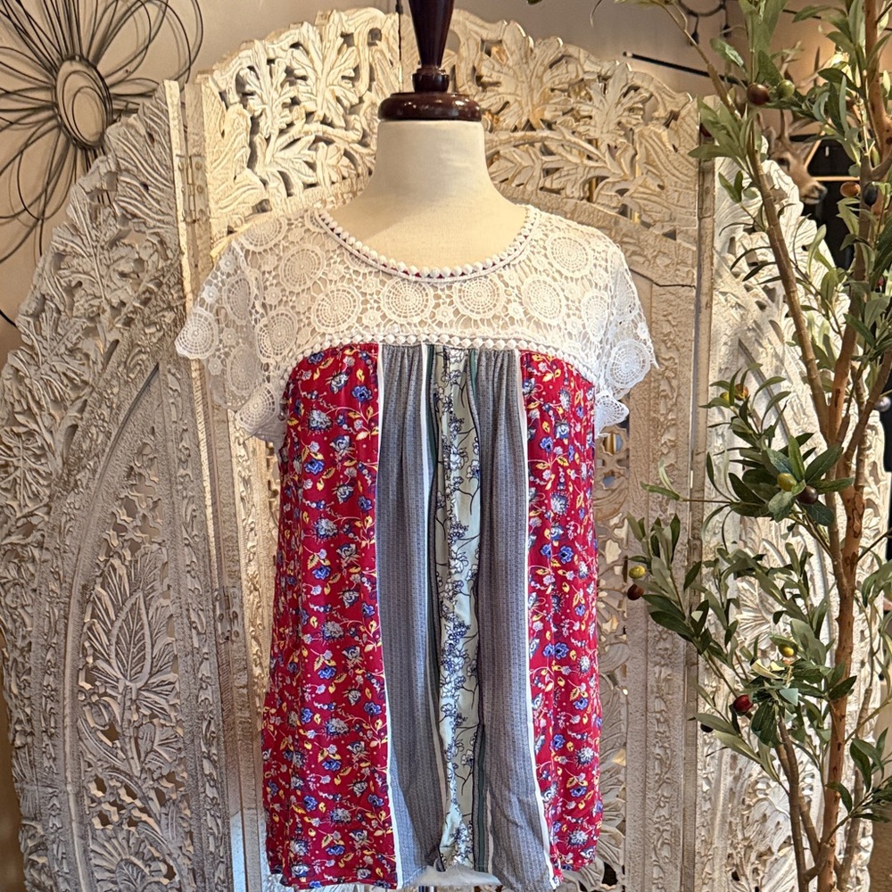 Suzanne Betro Red and White Patchwork Blouse